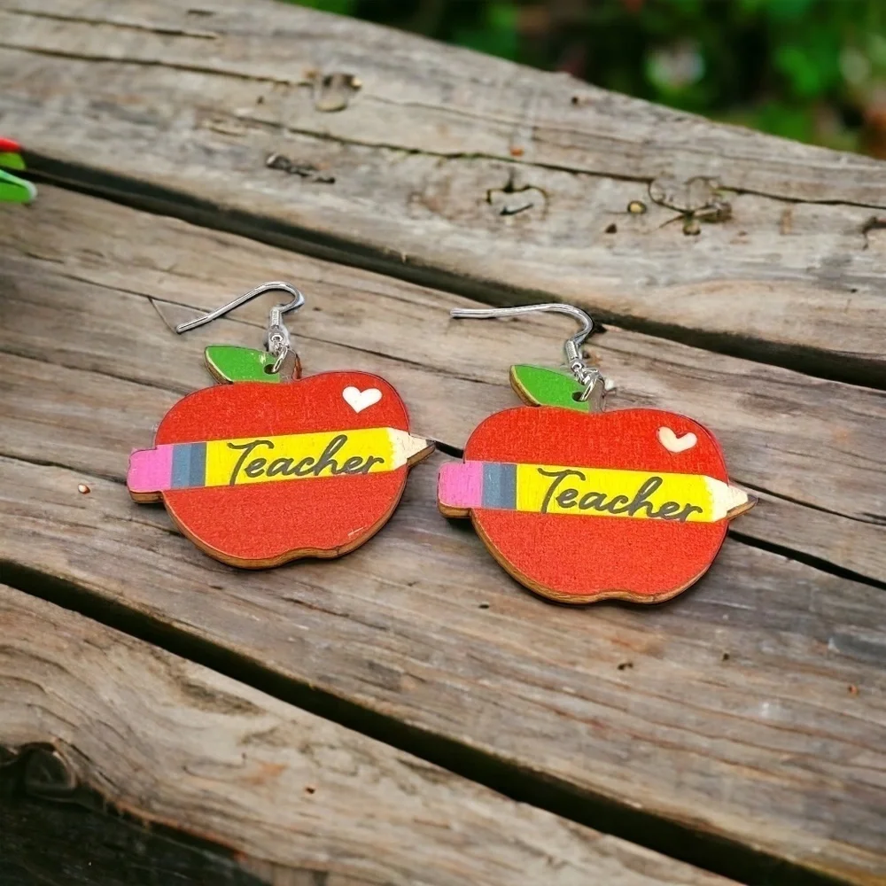 Teacher Apple & Pencil Wooden Earrings Back to School NWT